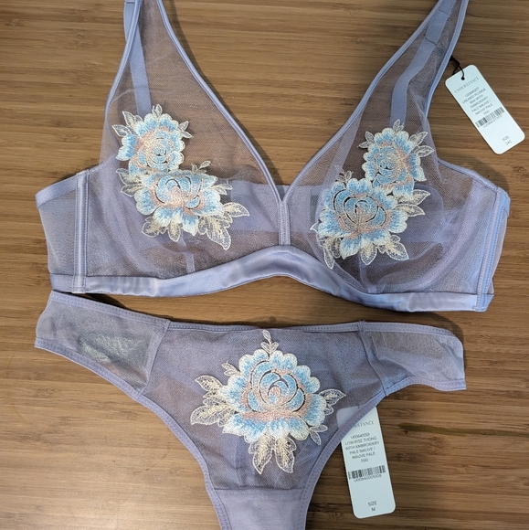 NWT Understance Plunge Unlined Bra Thong Set 34C Medium Mauve Floral Embroidered - Picture 2 of 7